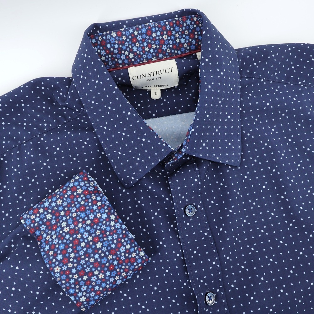 CONSTRUCT Performance Mens Slim Fit Navy Blue Dotted Stretch Button Down Shirt L